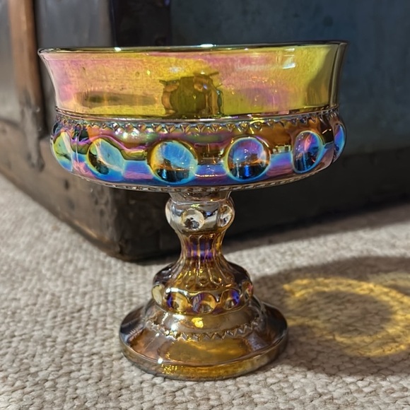 Kings Crown Compote Amber Gold Carnival Glass Thumbprint Candy Dish VTG - Picture 4 of 9